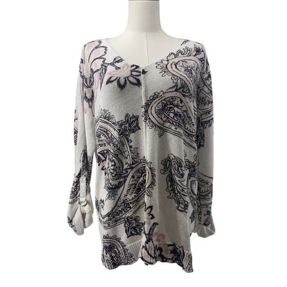 Chico’s V-Neck Sweater Size 2 / US Large White Floral Paisley 3/4 Tab Sleeves - Picture 1 of 6